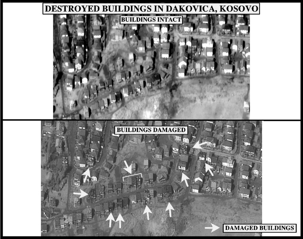 Pre- strike and post-strike assessment photographs of Destroyed Buildings in Dakovica, Kosovo.