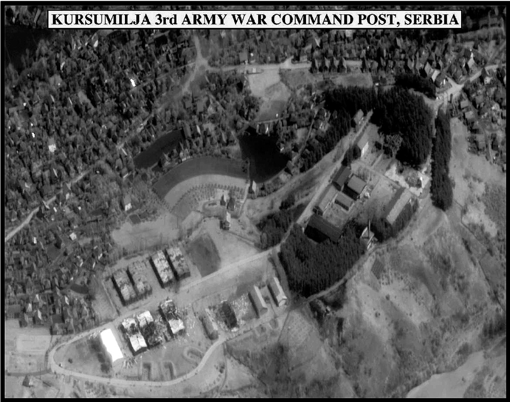 Post-strike bomb damage assessment photograph of the Kursumilja 3rd Army War Command Post, Serbia.