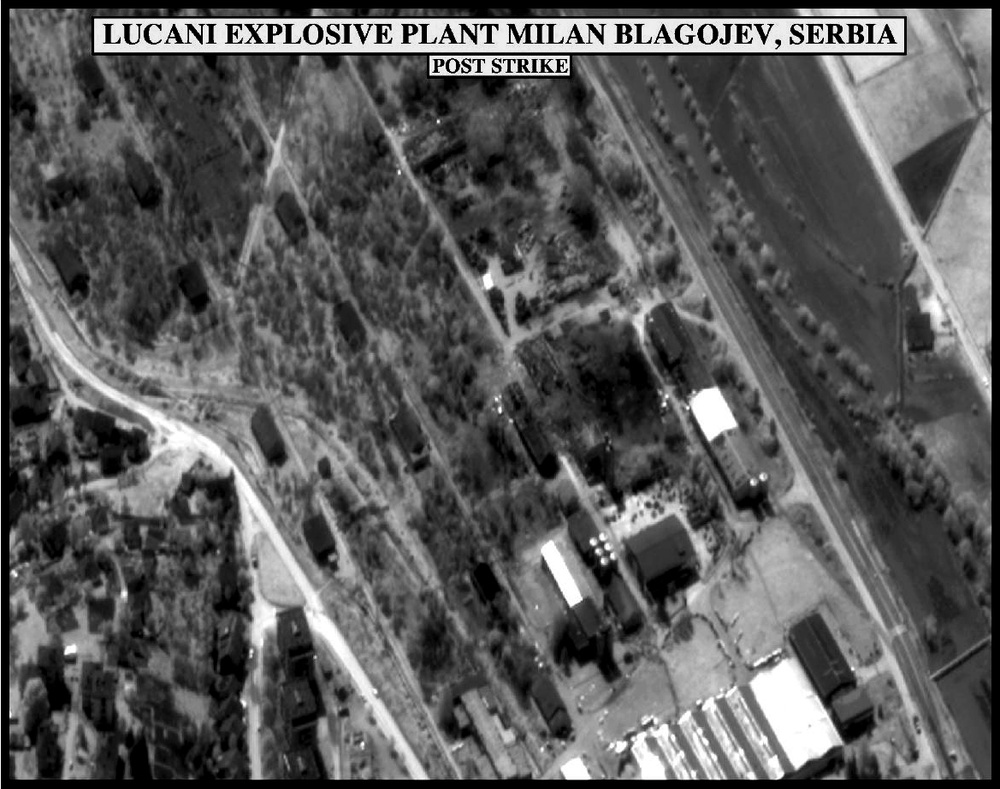 Post-strike bomb damage assessment photograph of the Lucani Explosive Plant Milan Blagojev, Serbia. Post-strike bomb damage assessment photograph of the Lucani Explosive Plant Milan Blagojev, Serbia.