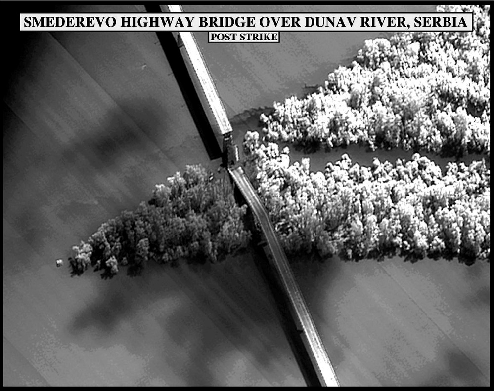 Post-strike bomb damage assessment photograph of the Smederevo Highway Bridge over Dunav River, Serbia.