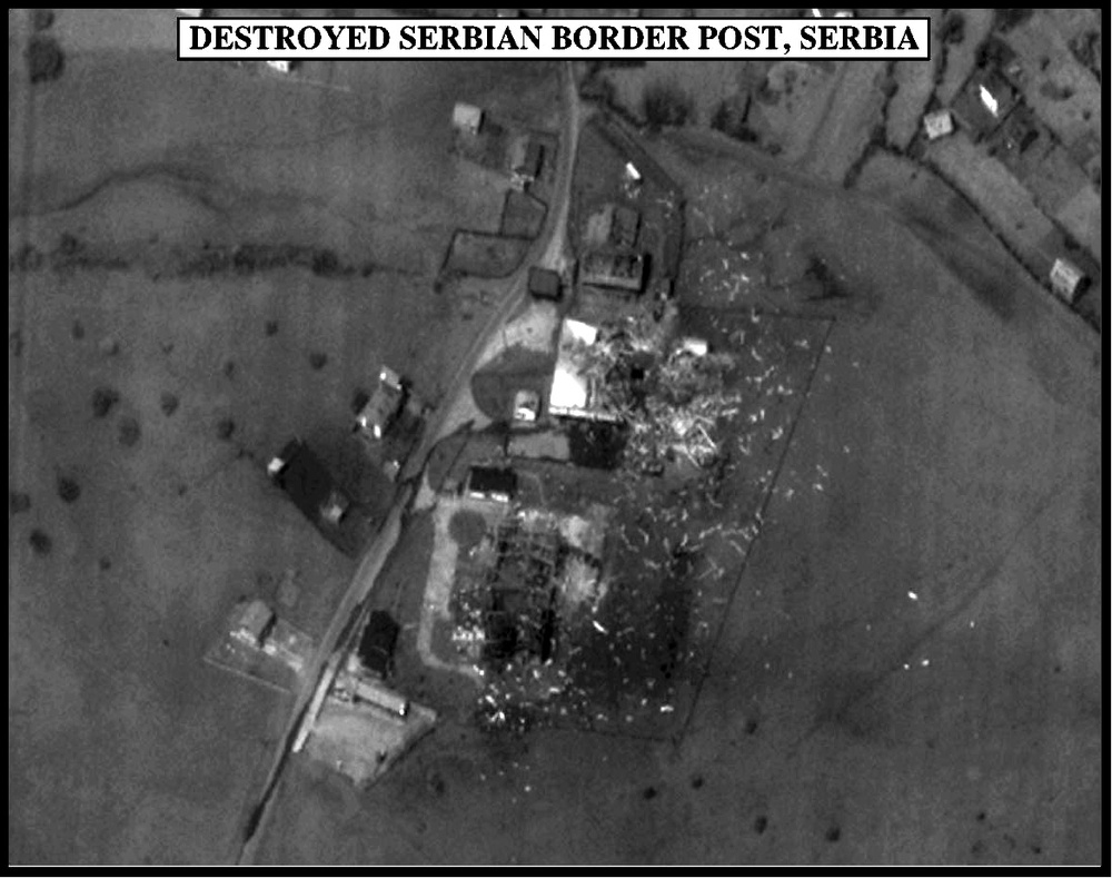 Post-strike bomb damage assessment photograph of a Destroyed Serbian Border Post, Serbia.