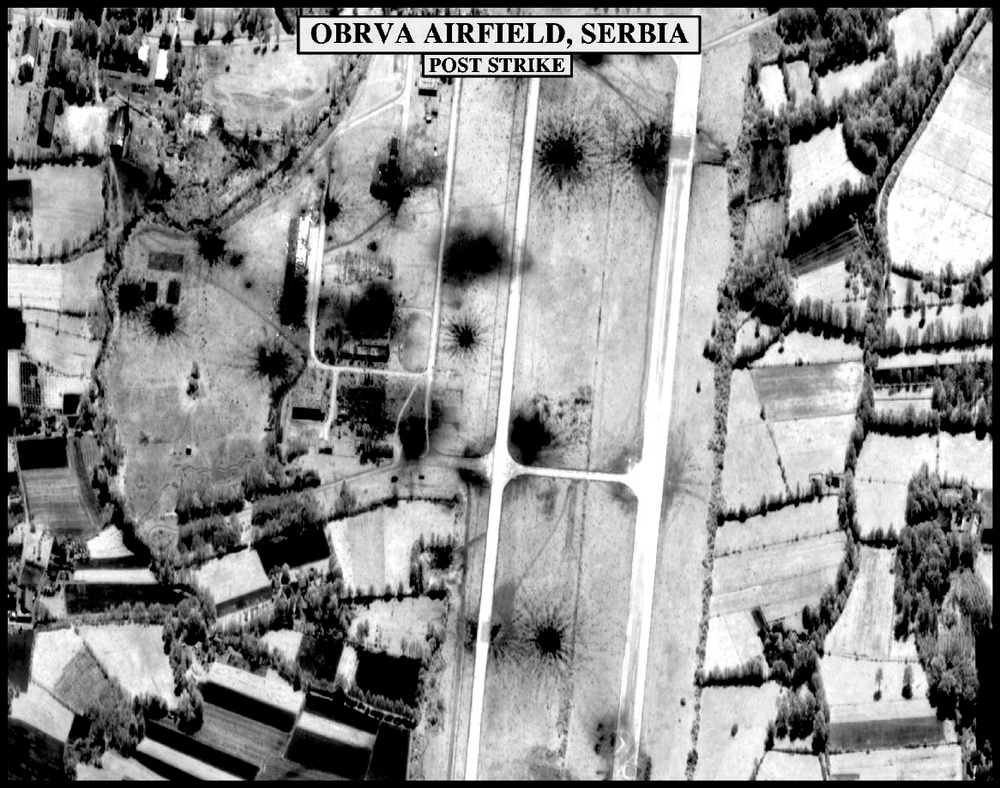 Post-strike bomb damage assessment photograph of Obrva Airfield, Serbia.