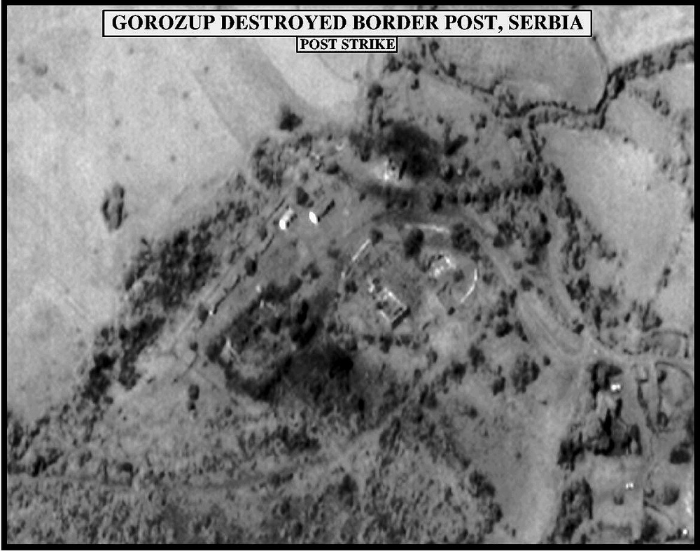Post-strike bomb damage assessment photograph of the Gorozup Destroyed Border Post, Serbia.