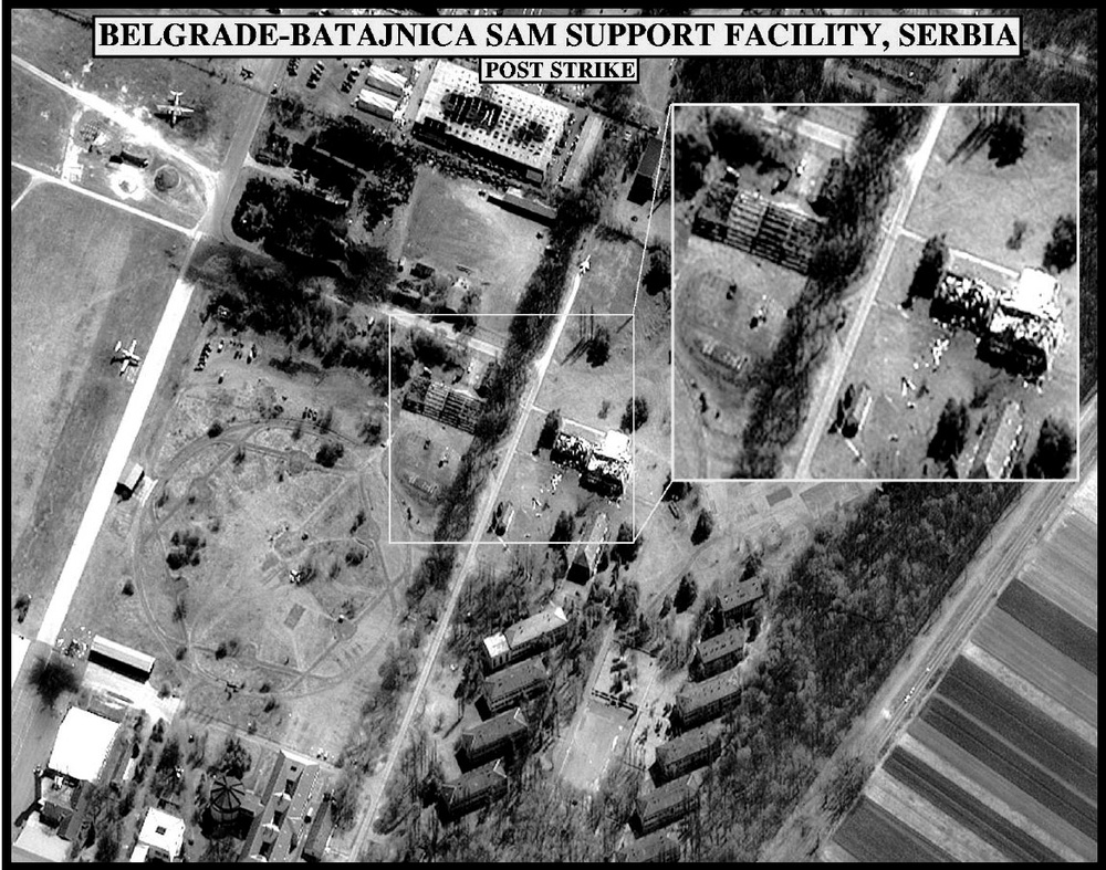 Post-strike bomb damage assessment photograph of the Belgrade-Batajanica SAM Support Facility, Serbia.