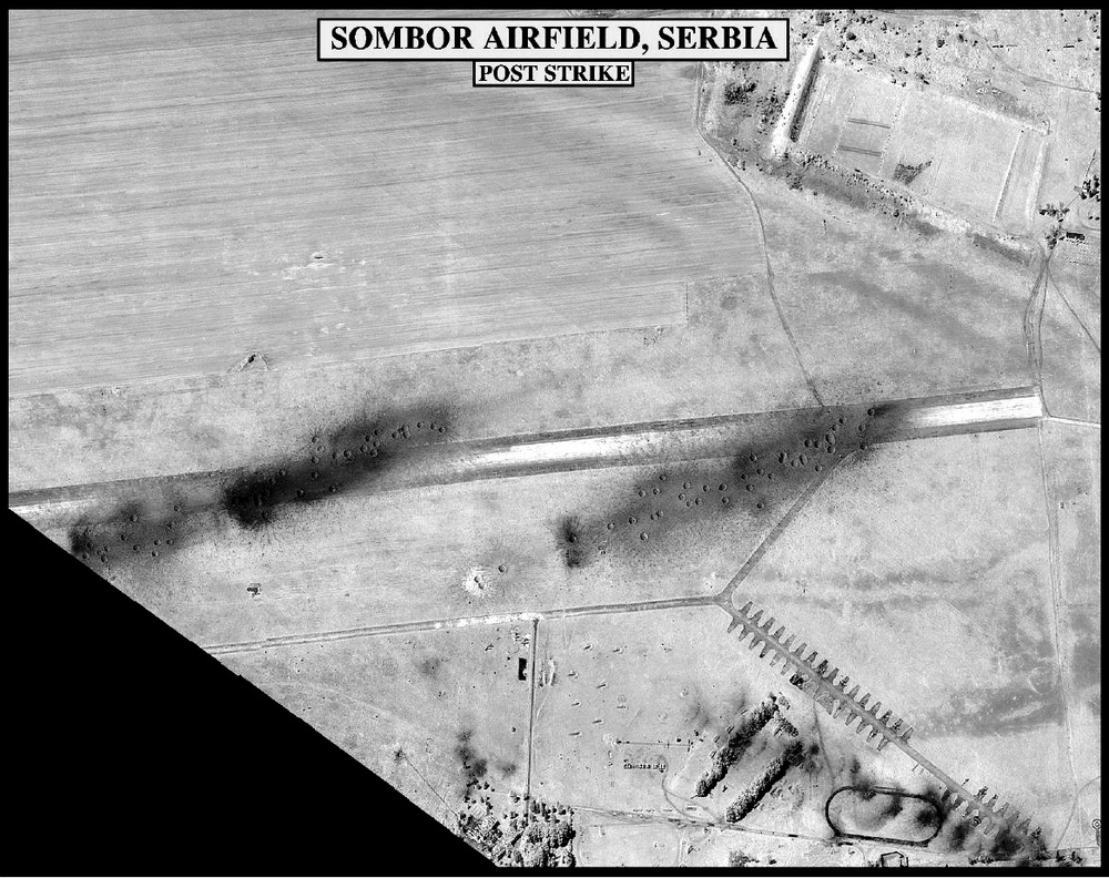 Post-strike bomb damage assessment photograph of the Sombor Airfield, Serbia.