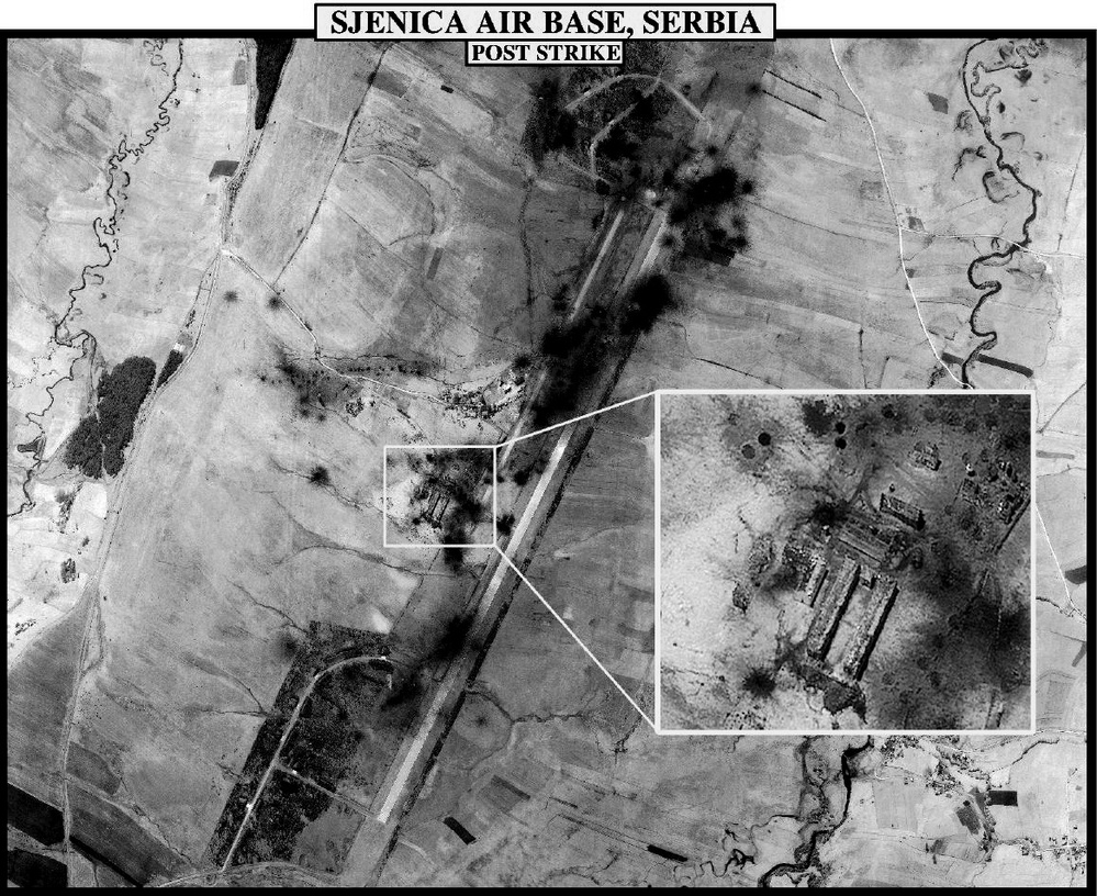 Post-strike bomb damage assessment photograph of the Sjenica Air Base, Serbia.