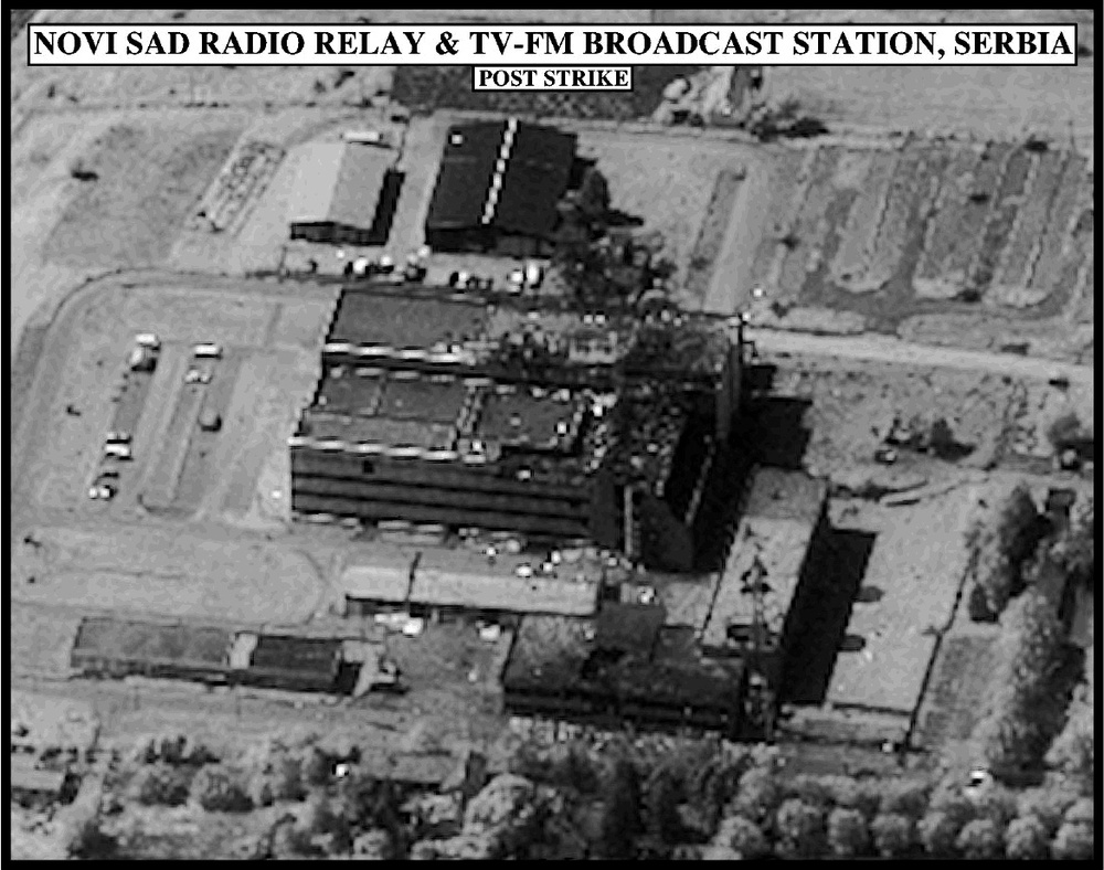 Post-strike bomb damage assessment photograph of the Novi Sad Radio Relay and TV-FM Broadcast Station, Serbia.