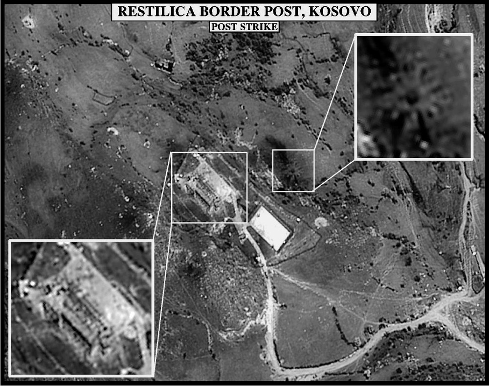 Post-strike bomb damage assessment photograph of the Restilica Border Post, Serbia.