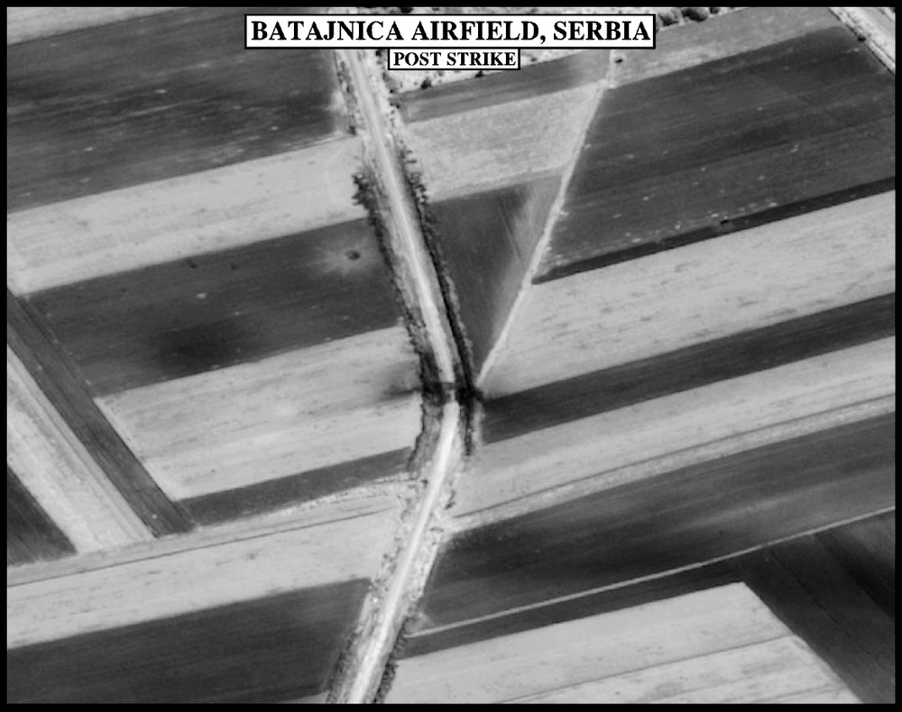 Post-strike bomb damage assessment photograph of the Batajnica Airfield, Serbia.