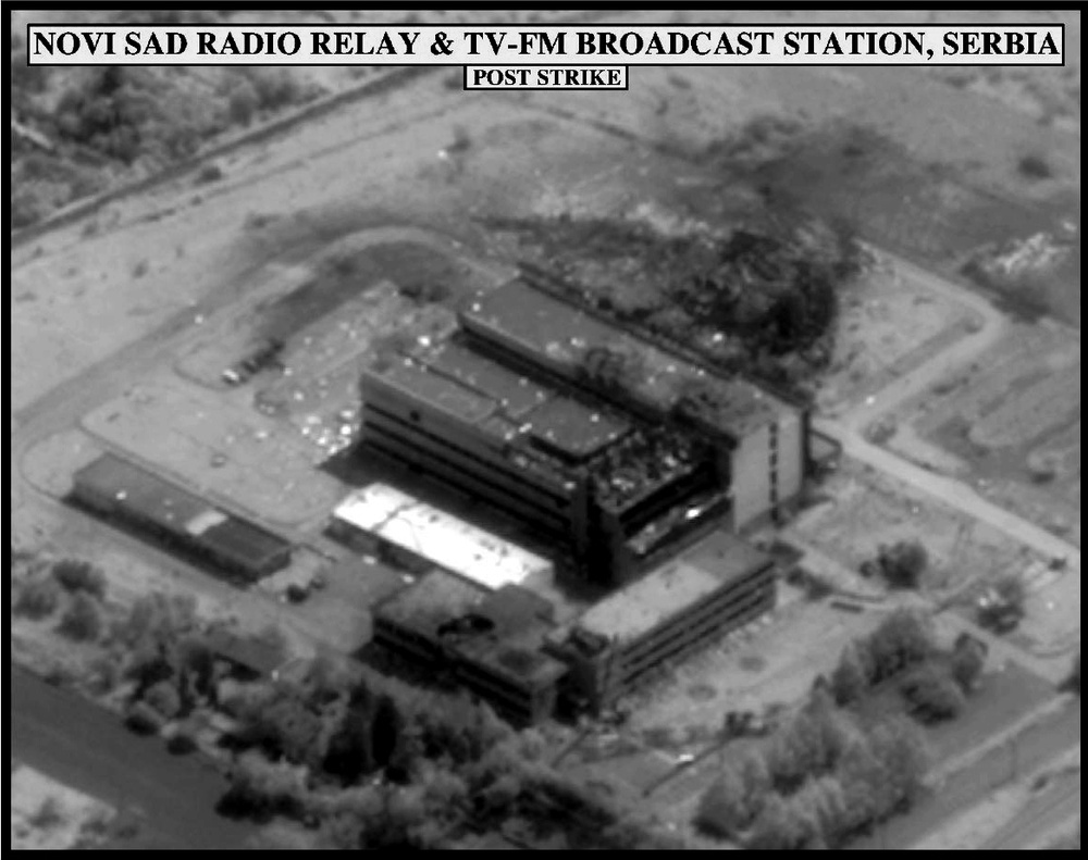 Post-strike bomb damage assessment photograph of the Novi Sad Radio Relay &amp; TV-FM Broadcast Station, Serbia.