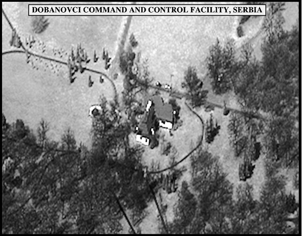 Post-strike bomb damage assessment photograph of the Dobanovci Command and Control Facility, Serbia.
