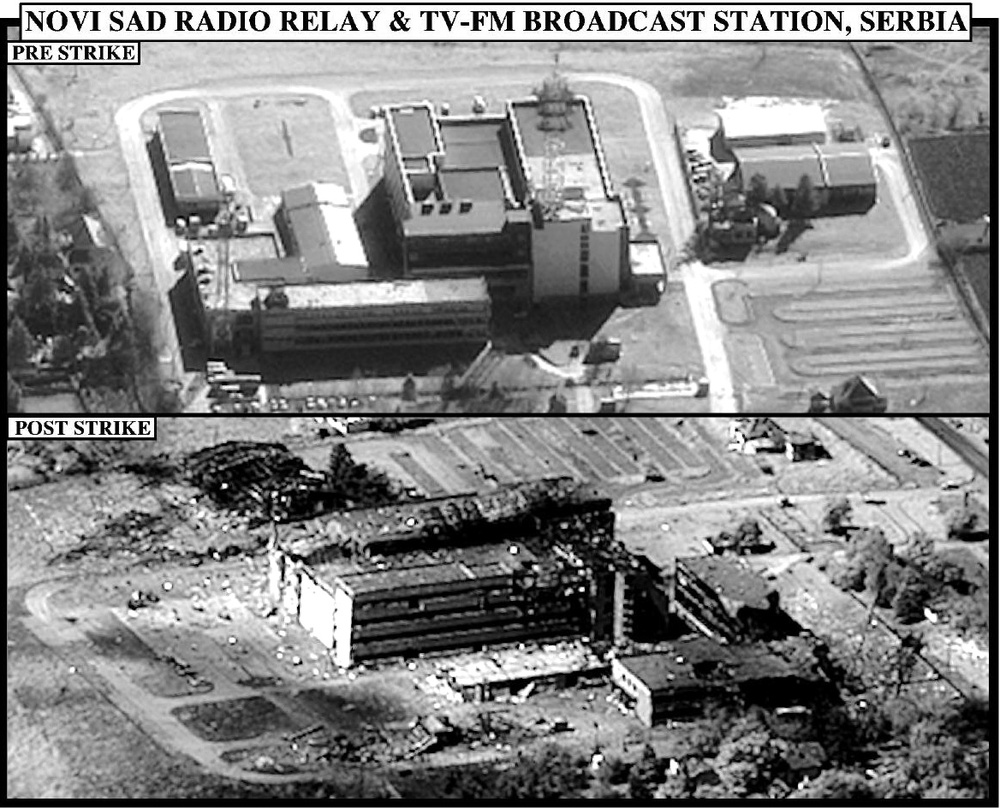 Pre-strike and post-strike bomb damage assessment photograph of the Novi Sad Radio Relay &amp; TV-FM Broadcast Station, Serbia.