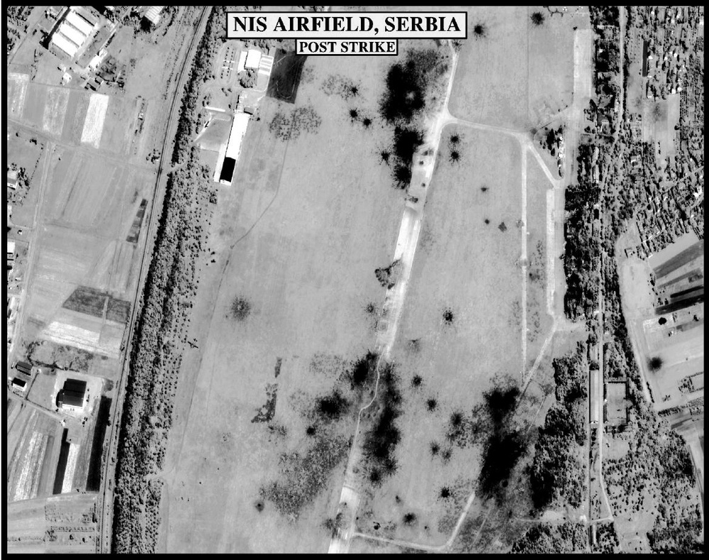 Post-strike bomb damage assessment photograph of the Nis Airfield, Serbia.