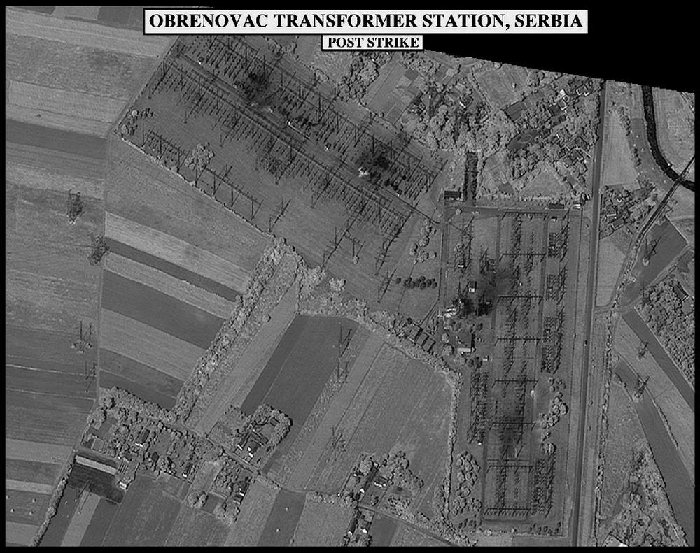 Post-strike bomb damage assessment photograph of the Obrenovac Transformer Station, Serbia.