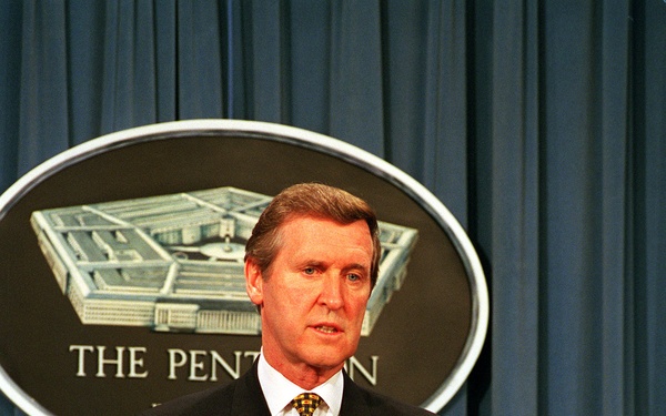 Secretary Cohen responds to a question during a Pentagon press briefing on Operation Allied Force.