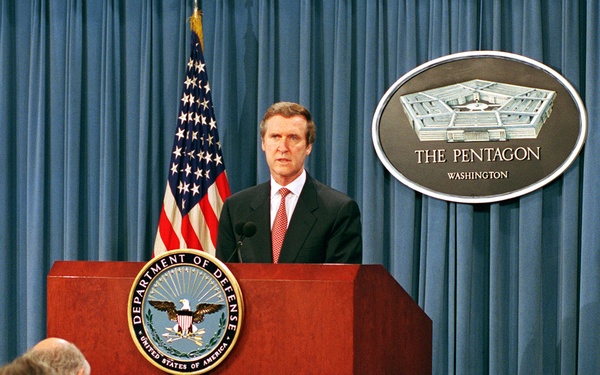 Secretary Cohen conducts a Pentagon press briefing on the Military Technical Agreement.
