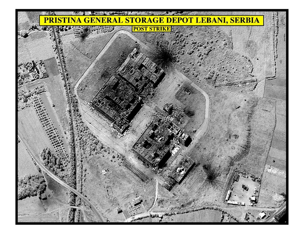 Post-strike photo of Pristina general storage depot Lebani, Serbia.