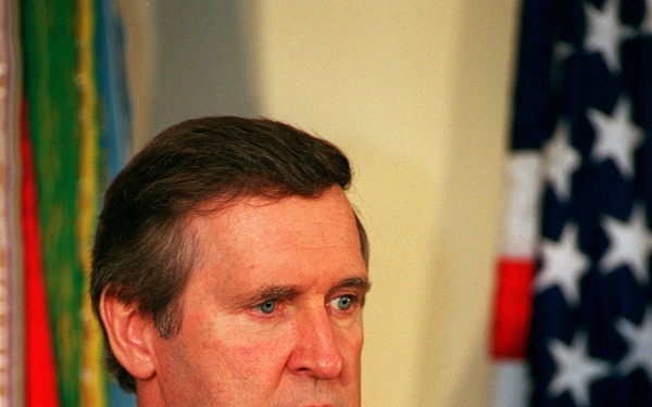 Secretary Cohen responds to a question during a joint press conference.