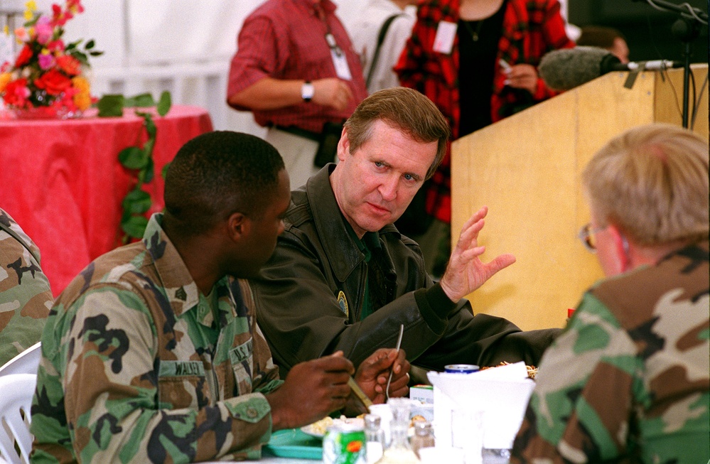 Secretary Cohen has lunch with the troops at Camp Able Sentry in Skopje.