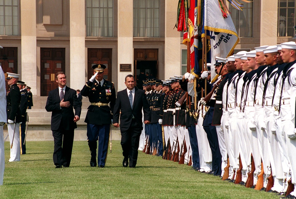 Israeli Prime Minister Ehud Barak inspects the joint honor guard at the Pentagon.