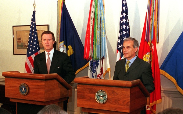 Secretary Cohen and Minister Ananiev take questions from news reporters at the Pentagon.