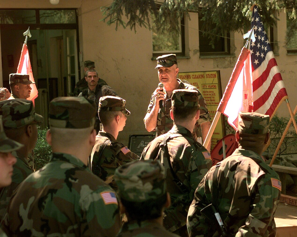 Gen. Shelton speaks to soldiers of the 13th Signal Battalion in Tuzla, Bosnia and Herzegovina.