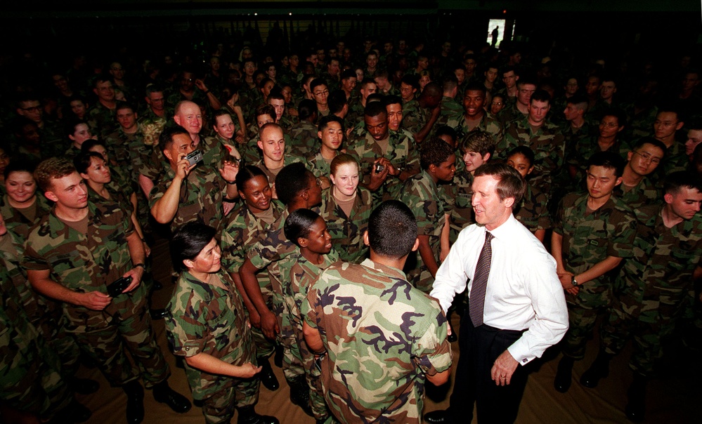 Secretary Cohen shakes hands as he mingles with U.S. troops at 8th Army Headquarters in Seoul.