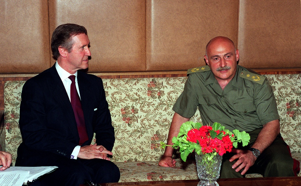 Secretary of Defense William S. Cohen talks with Minister of Defense David Tevzadze.