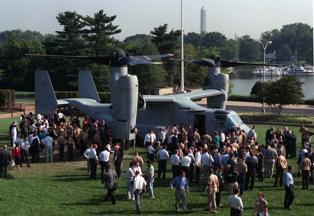 Visitors surround a Bell Boeing MV-22 Osprey at the Pentagon.