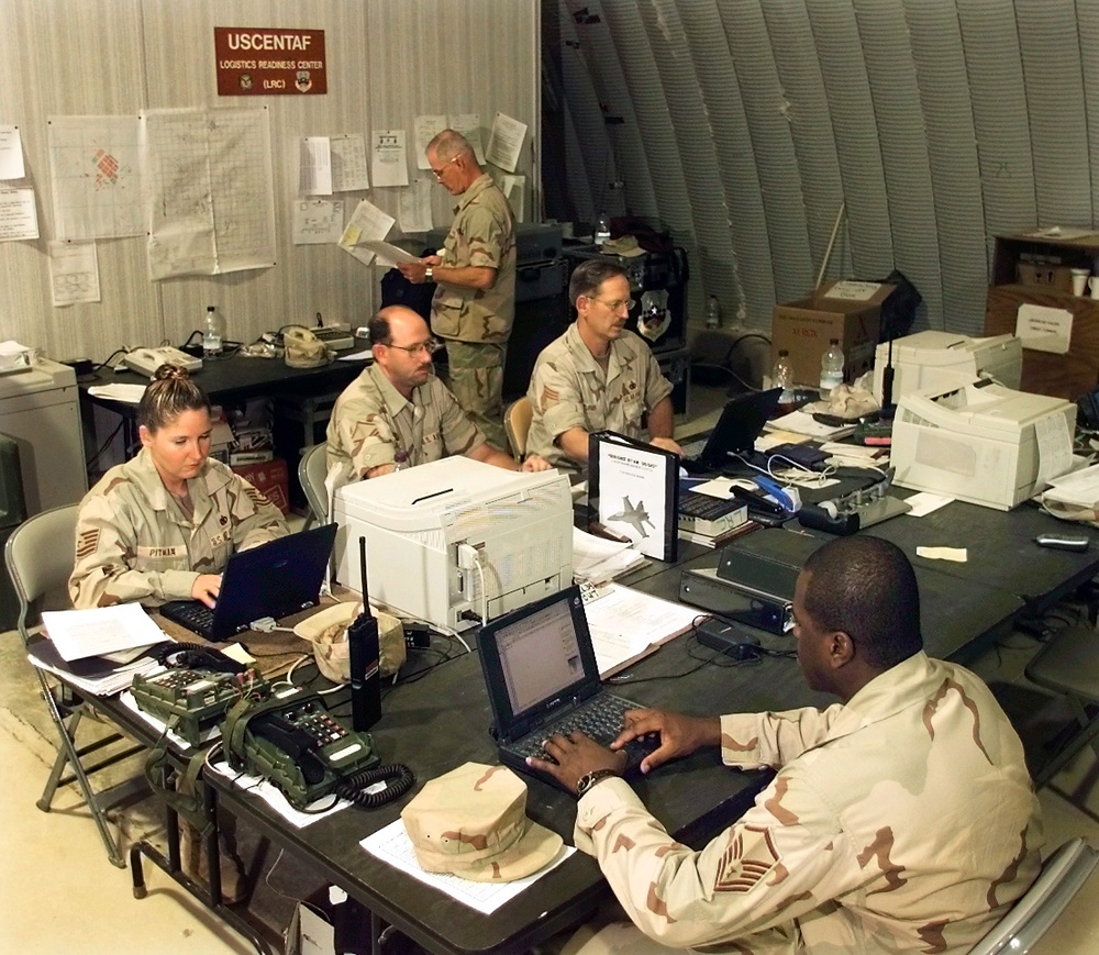 U.S. Air Force personnel work in the U.S. Central Air Force's Logistics Readiness Center established at Cairo West Air Base.