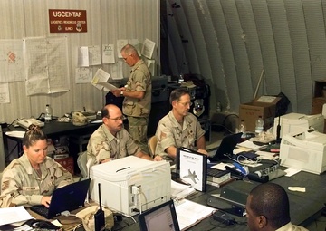 U.S. Air Force personnel work in the U.S. Central Air Force's Logistics Readiness Center established at Cairo West Air Base.
