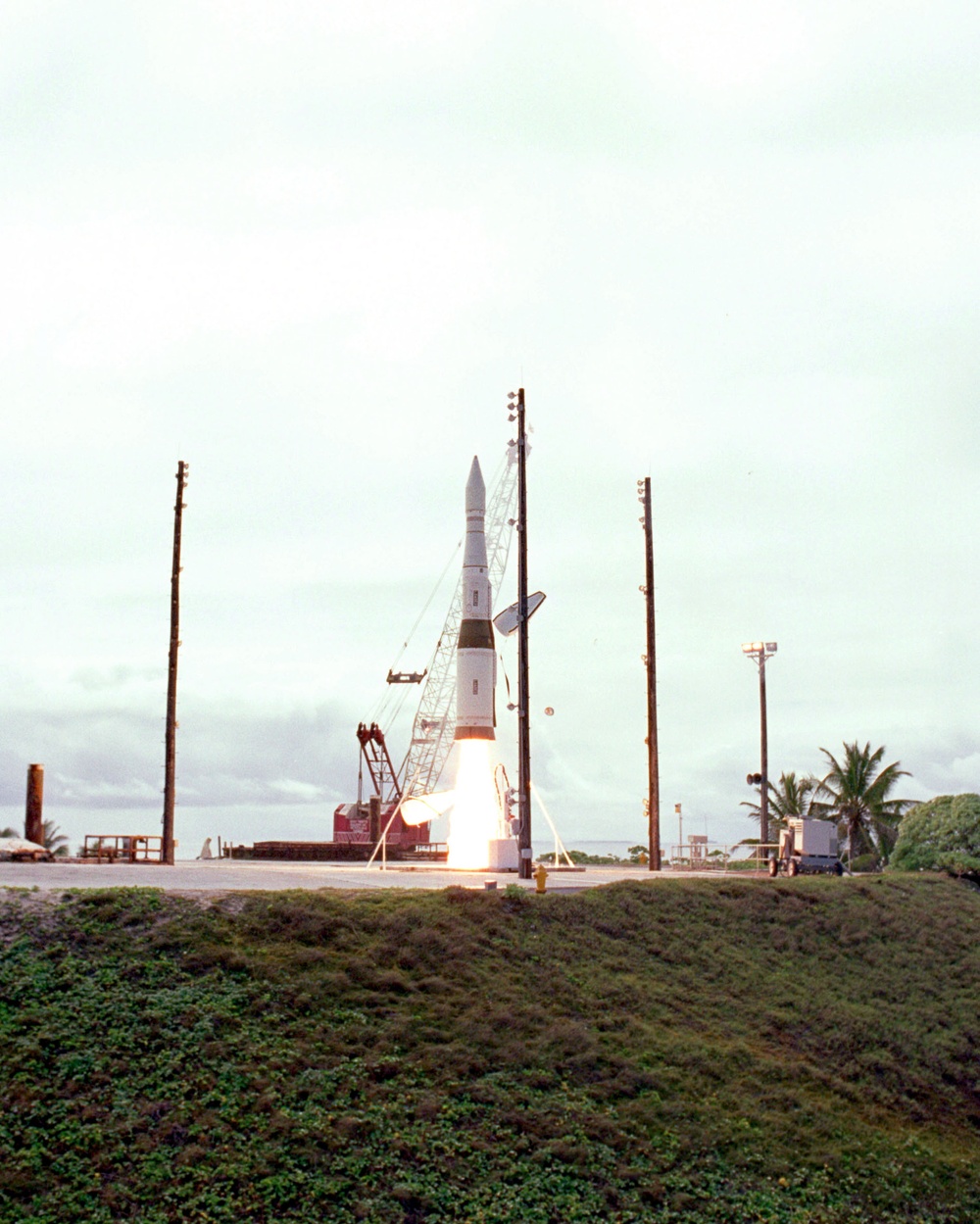 A payload launch vehicle carrying a prototype interceptor is launched from Kwajalein Missile Range for a planned intercept of a ballistic missile target.