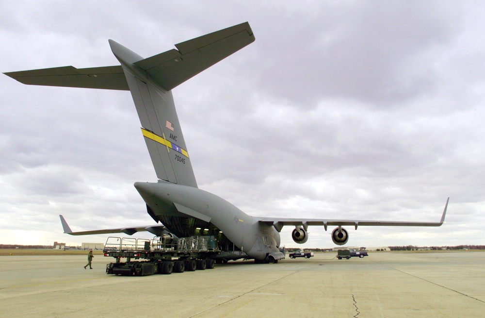 Pallets of cargo are loaded aboard a U.S. Air Force C-17 Globemaster for Operation Atlas Response.