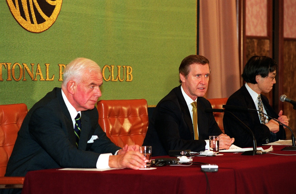 U.S. Ambassador to Japan Thomas Foley accompanies Secretary Cohen during a press briefing at the Japan Press Club in Tokyo.