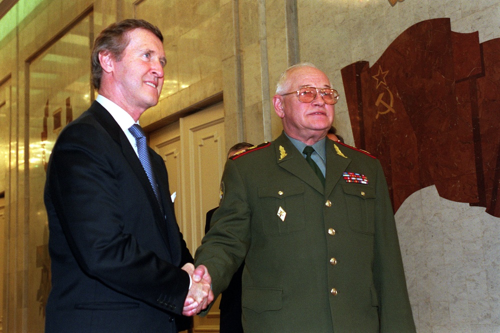 Secretary Cohen is greeted by Russian Defense Minister Sergeyev as he arrives at the Ministry of Defense building in Moscow.