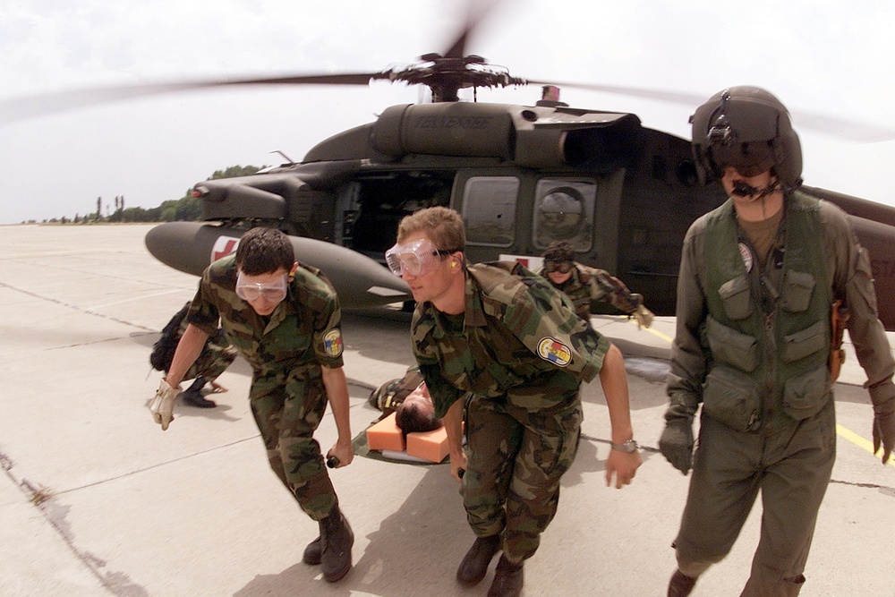 Multi-national litter bearers unload a simulated patient off a UH-60Q Black Hawk medevac helicopter at Constanta, Romania.