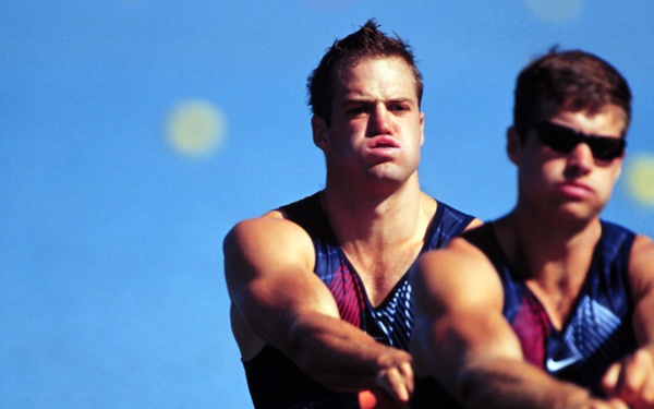 Ensign Henry Nuzum and Mike Ferry stroke their way toward a second place finish during the semi-finals of the men's double sculls round.