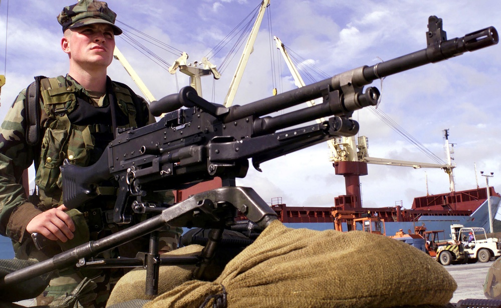 A U.S. Marine Corps Fleet Anti-Terrorism Security Team is deployed to Aden, Yemen, to provide security for the USS Cole.