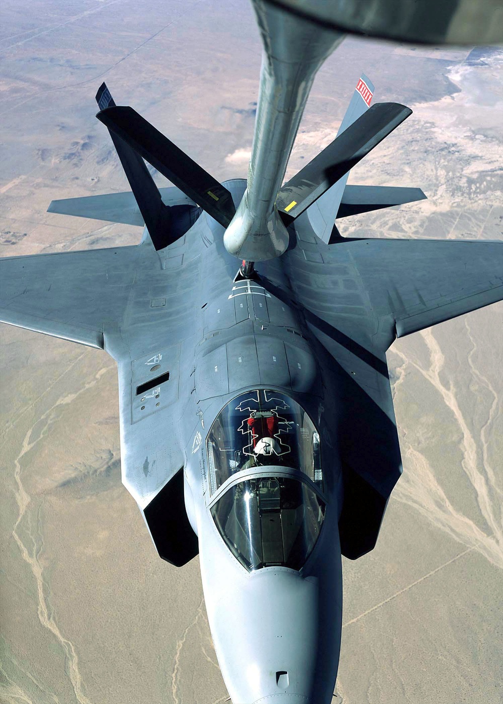 A Lockheed Martin X-35A Joint Strike Fighter receives fuel from a KC-135 Stratotanker over California's Mojave Desert.