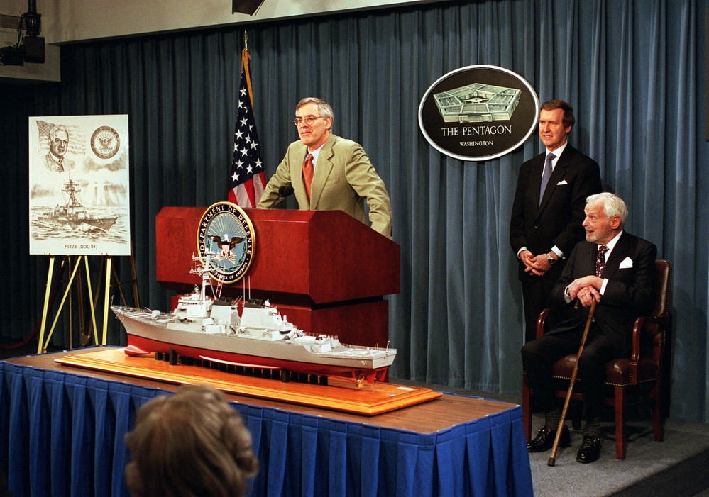 Secretary of the Navy Richard Danzig announces that a new guided missile destroyer will be named in honor of Paul H. Nitze.