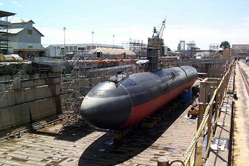 The USS Greeneville (SSN 772) sits in Dry Dock #1 at the Pearl Harbor Naval Shipyard.