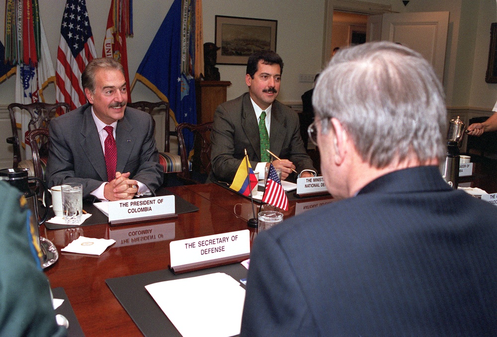 Colombian President Andres Pastrana meets with Secretary Rumsfeld at the Pentagon.