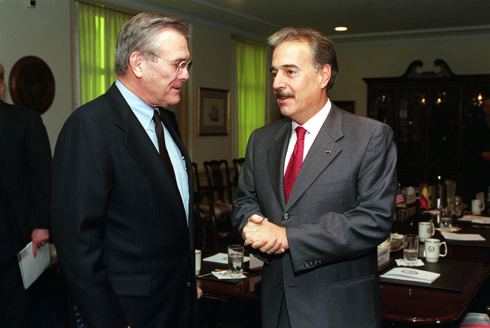 Secretary Rumsfeld talks with Colombian President Andres Pastrana at the conclusion of their Pentagon meeting.