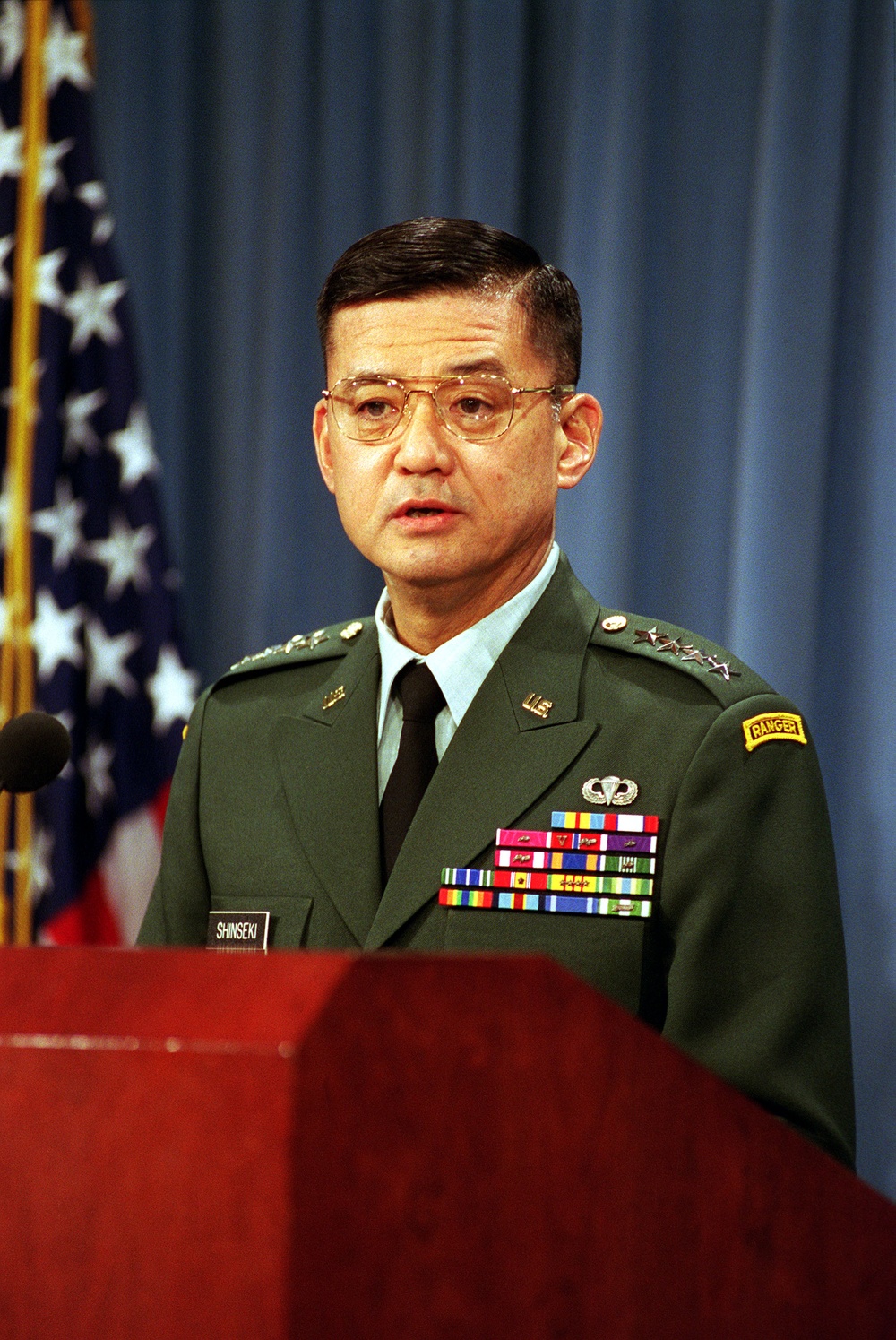 Army Chief of Staff Gen. Eric Shinseki responds to a reporter's question during a Pentagon press briefing on the Army beret.