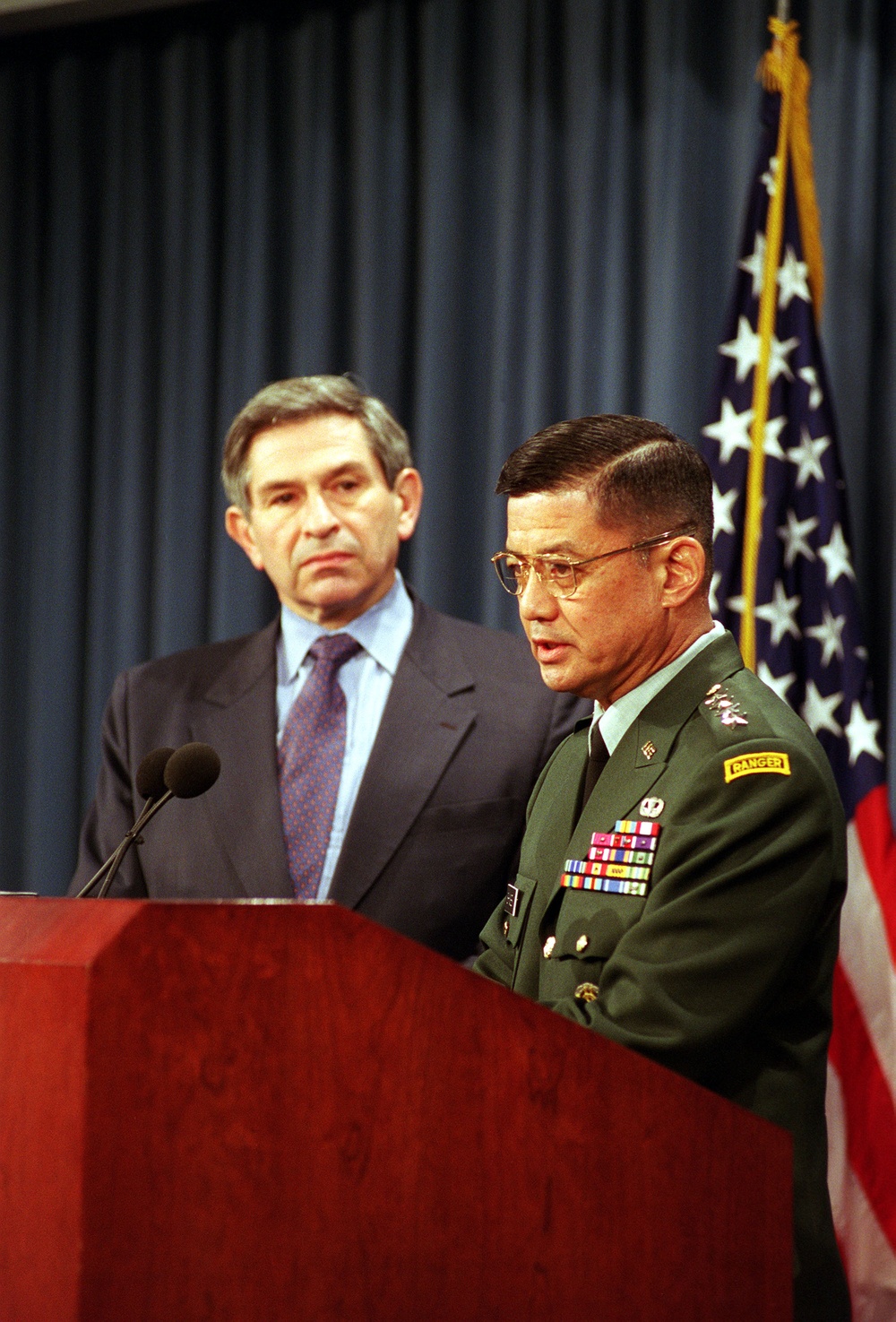 Gen. Shinseki responds to a reporter's question during a Pentagon press briefing on the Army beret.