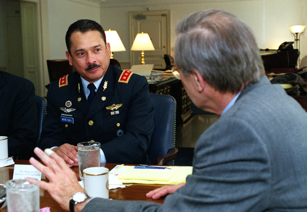 Minister of Defense Maj. Gen. Juan Antonio Martinez Varela, of El Salvador, meets with Secretary Rumsfeld in the Pentagon.
