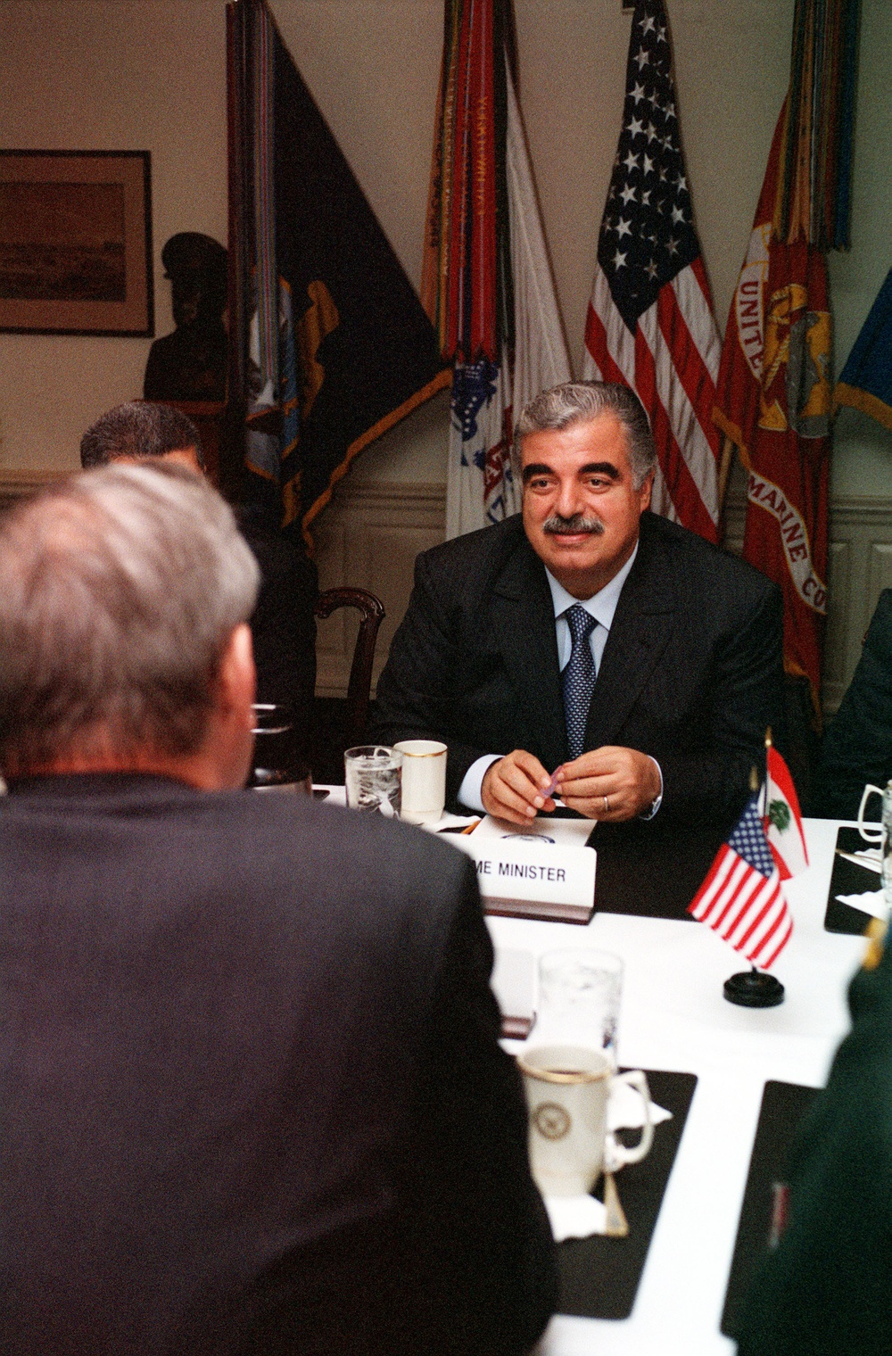 Lebanese Prime Minister Rafiq Hariri meets with Secretary Rumsfeld in the Pentagon.