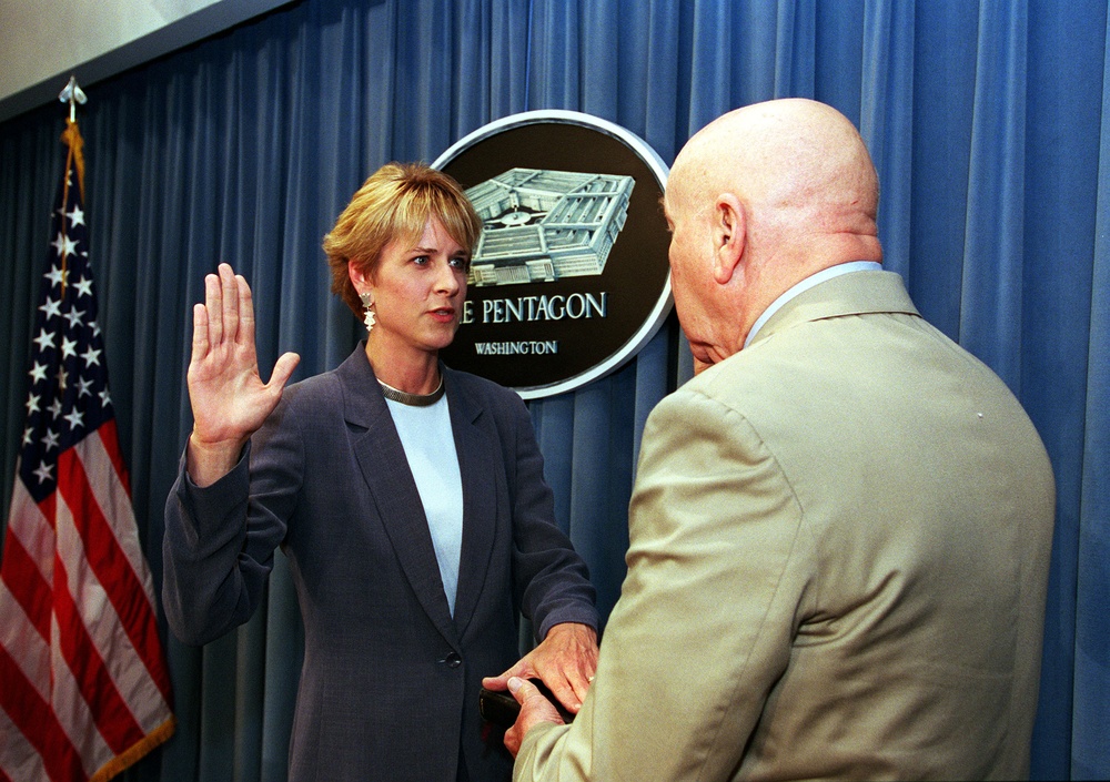Ms. Victoria Clarke is sworn in as assistant secretary of defense for public affairs May 22, 2001, in the Pentagon.