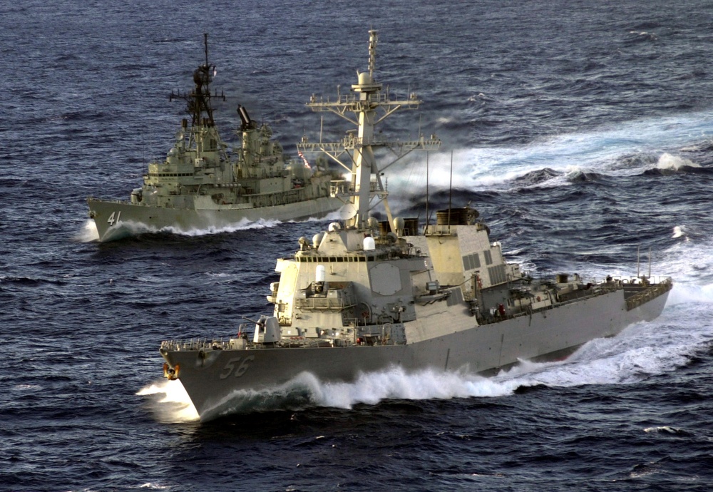 HMAS Brisbane (DDG 41) and USS John S. McCain (DDG 56) cruise side by side during Exercise Tandem Thrust 2001.