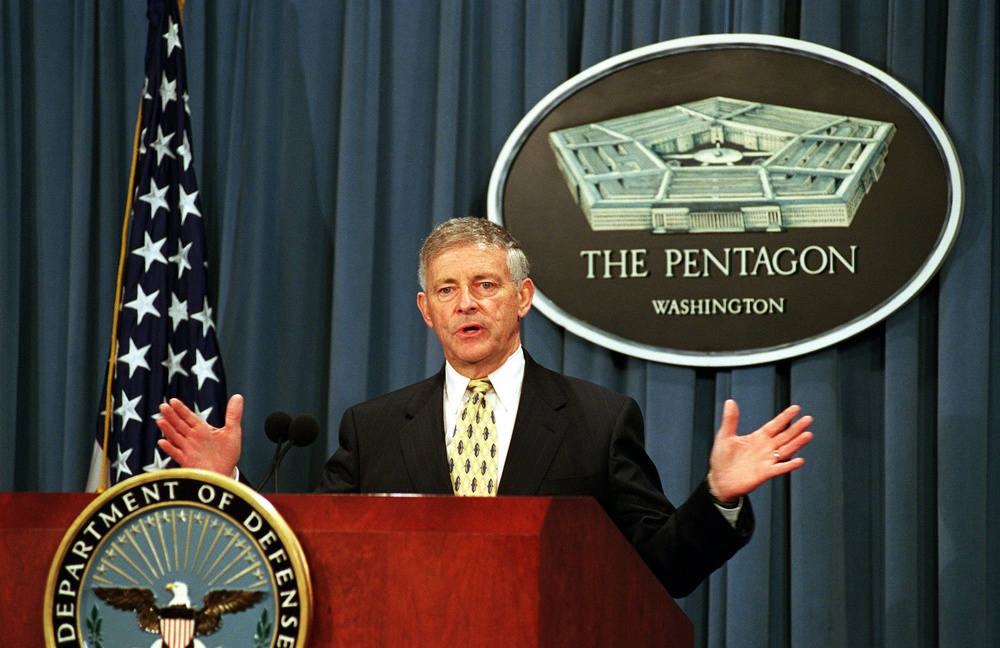 Retired Air Force Gen. James P. McCarthy briefs the press on the results of the Defense Transformation Study.